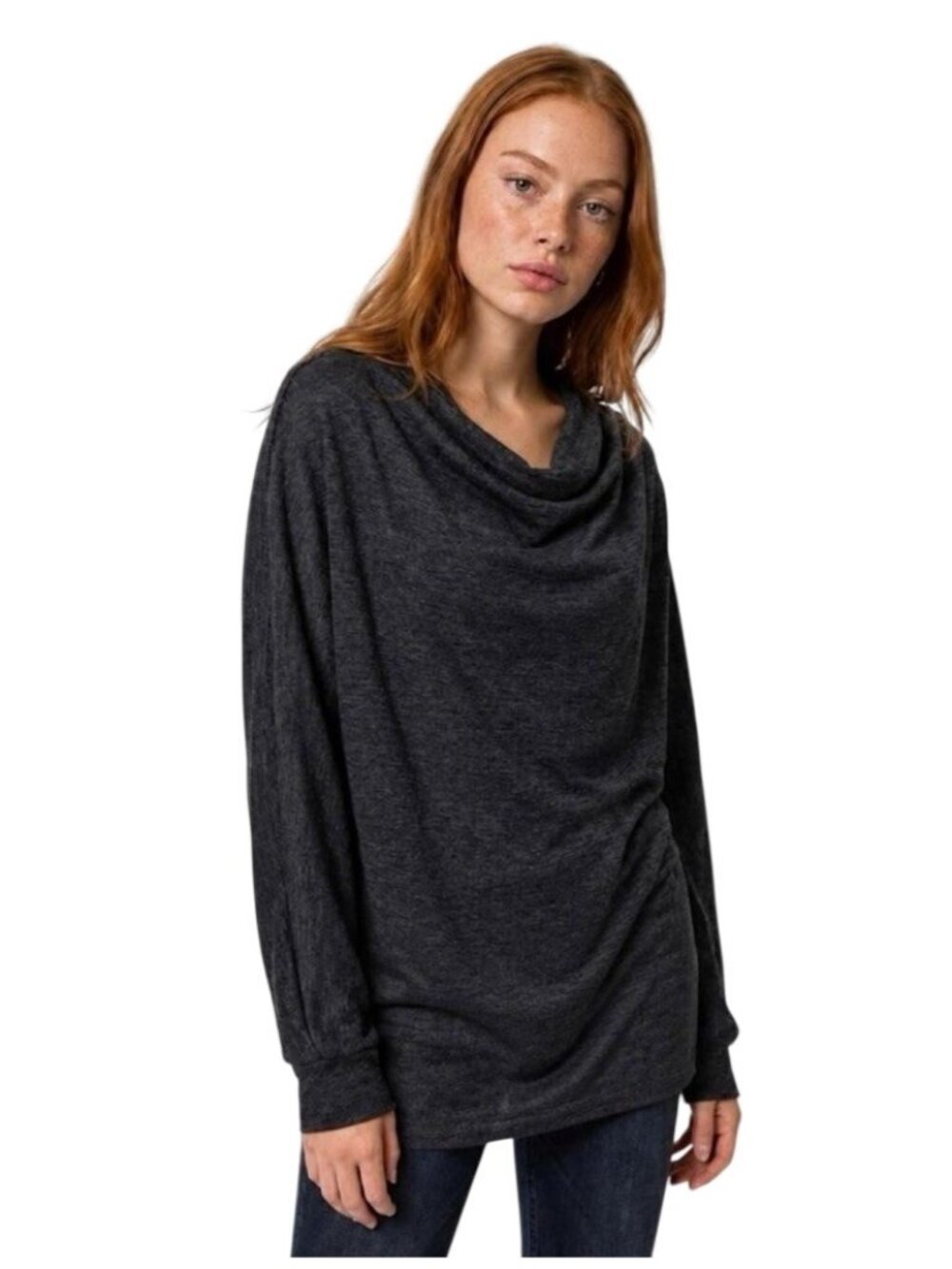 We The Free People Draped Cowl Sweater Top Womens S Gray Relaxed Boho Oversized